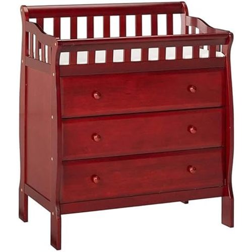 Pemberly Row Modern New Zealand Pine Solid Wood Changing Table, Cherry Brown Finish, Safety Rail and Strap, Includes Changing Pad and Mattress, 3-Drawer Design for Baby Essentials Storage