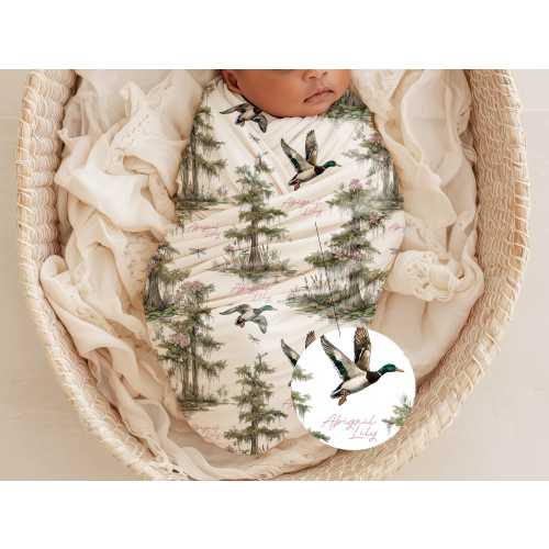 Girly Mallard Duck Baby Blanket Personalized Newborn Swaddle Cypress Tree Receiving Wrap Nursery Baby Shower Gift Bundle Headband Name