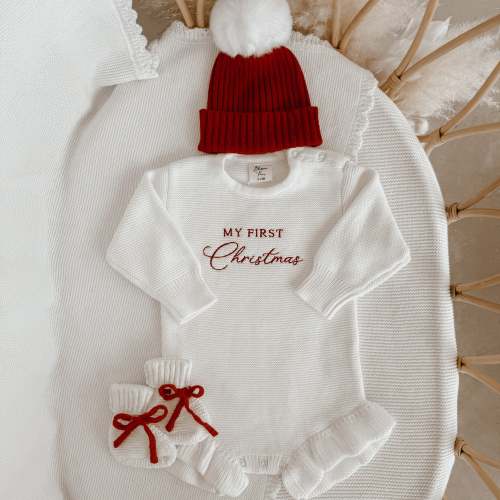 'My First Christmas' Long Sleeve Frill Leg Romper, Beanie & Booties (Classic) Bundle