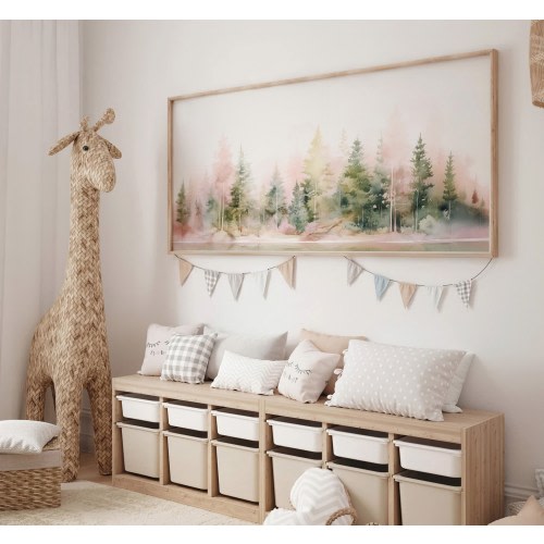 LakelzDecor Pink and Green Forest Nursery, Wide Horizontal Landscape Print, Watercolor Mountain Wall Art, Large Panorama Girl room decor
