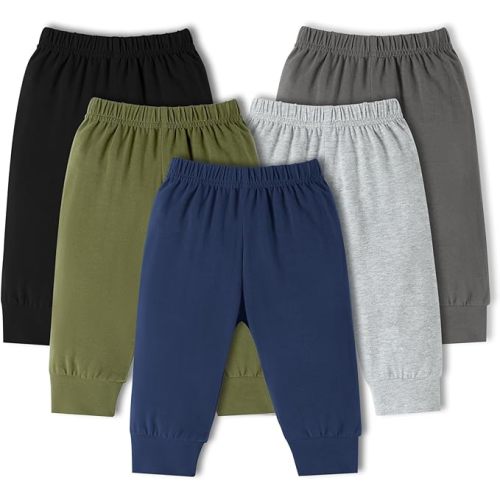 DREAM BUS 5 Pack Baby Boys Pants Toddler Pull on Sweatpants Infant Cotton Joggers Unisex Baby Leggings for Newborn-24M
