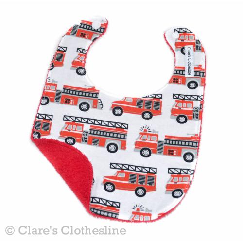 Fire Trucks Bib: First Responder Baby Gift, Flannel & Terry Cloth