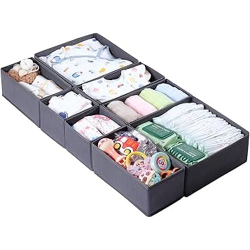 8 Pack Drawer Organizer for Baby Clothes, Foldable & Washable Bins - Perfect for Nursery & Dresser Organization, Grey - Durable Storage Solution for Baby Essentials, Socks,