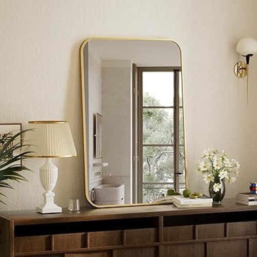 BEAUTYPEAK Wall Mirror 20" x 28" Rectangular Bathroom Mirror with Aluminum Alloy Frame, Rounded Corners Hanging Mirror for Living Room Bedroom Bathroom Entryway, Hangs Horizontal or Vertical, Gold