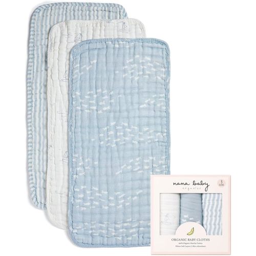 Nana Baby Burp Cloths – 100% Organic Cotton, Oversized & Hypoallergenic, 8-Layer Muslin, Machine Washable, Neutral Unisex Colors, Gentle on Sensitive Skin, Set of 3 (Blue)