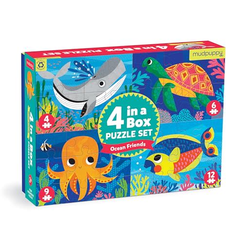 Mudpuppy Ocean Friends 4-in-a-Box Puzzle Set – Includes 4 Fun Jigsaw Puzzles for Kids with 4-12 Pieces – Features Colorful Ocean Illustrations for Ages 2-5