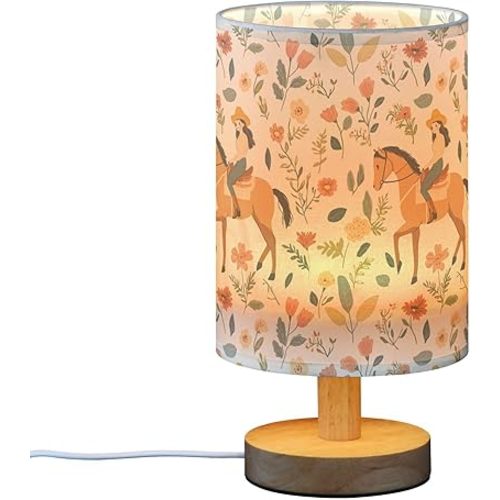 Table Lamp Cowgirl Horse Flower Field Nightstand Lamp with Wood Base Fabric Lamp Shade Bedside Desk Lamp for Living Room Bedroom Kids Room Office
