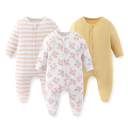 JELYLOVE Unisex Baby Boy Girl Footies Rompers Cotton Long Sleeve 3 Pack Infant Jumpsuits 0-12Months Babies' Outfits