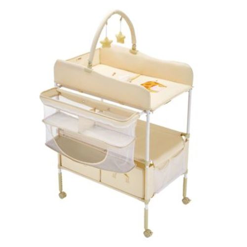 Yinvani Foldable Baby Changing Table with 2 Fabric Drawers, Side Basket & Hanging Rod, Adjustable Height, Lockable Wheels