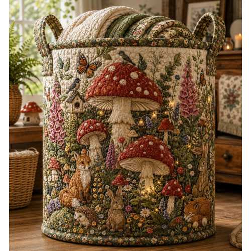 Quilted Laundry Bag, Woodland Mushroom Hamper Basket, Cottagecore Forest Storage Bin, Fox Rabbit Decor Gift Home ORD-YTI07