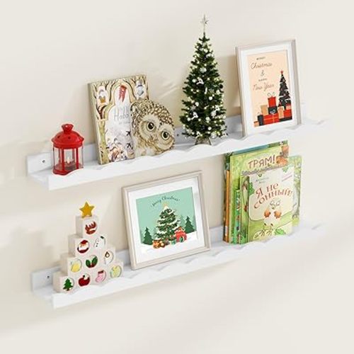 Fun Memories Picture Ledge Shelf for Wall, 36 inch Pine Wood Nursery Book Shelves Set of 2- Wall Book Shelves for Kids Room, Home Decor - Kitchen Spice-White