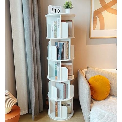 Heehee Wooden Rotating Bookshelf 360 Display Floor Standing Bookcase Storage Rack for Kids&Adults Multi-Functional Bookshelf Organizer (White (5-Tier))