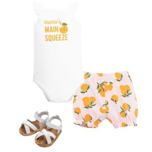 Hudson Baby Girl Cotton Bodysuit, Shorts and Shoe Set, Main Squeeze Orange, 3-6 Months