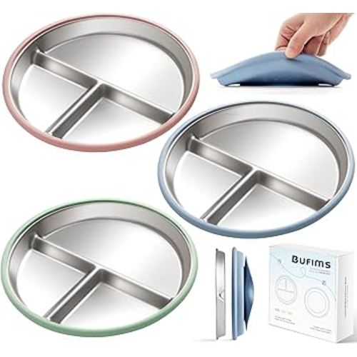 Stainless Steel Baby Plates with Suction, Divided Metal Toddler Plates with Removable Silicone Sleeves, Non-Slip Kids plates, BPA Free, Non-Toxic, Dishwasher Safe, 3 Pack