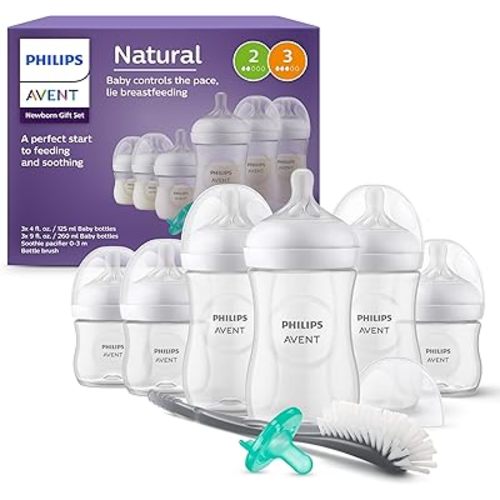 Philips Avent Newborn Gift Set - Bottles with Natural Response Nipples, 3 x 4oz/125ml (Slow Flow, Flow 2), 3 x 9oz/260ml (Medium Flow, Flow 3), Soothie 0-3m & Bottle Brush, SCD837/04