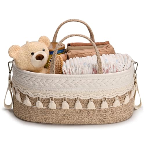 SEBRAM Baby Diaper Caddy Organizer, Stylish Storage Basket for Newborn Essentials and Diaper Station, Gift for Baby Shower, Beige