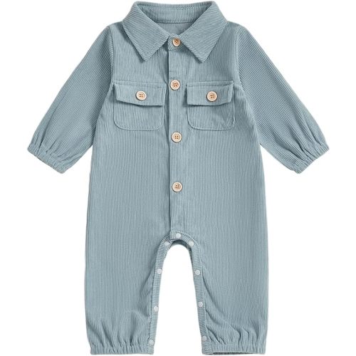 Corduroy Long Sleeve Button Up Romper Jumpsuit Collared Bodysuit Fall Winter Outfit