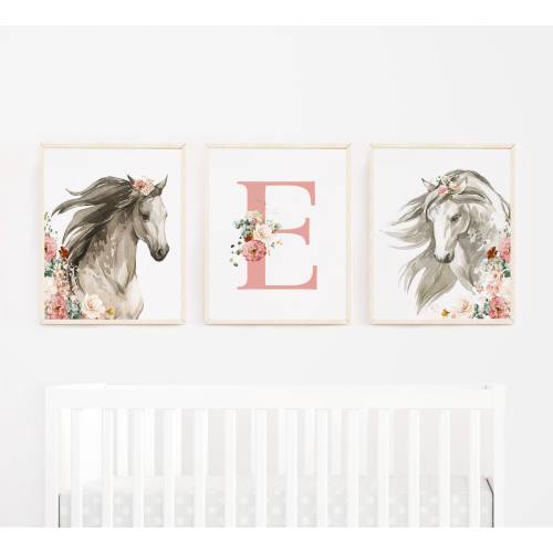 Floral Horse Wall Art -Baby Girl Horse Nursery Wall Art -Boho Floral Art for Girl's Room - Set of 3 Western Girl Art Prints - Pony Art -355