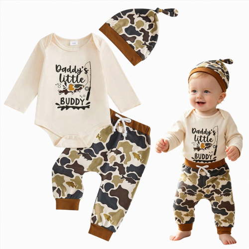 Nwiuh Newborn Baby Boy Hunting Clothes Long Sleeve Romper Camouflage Pant Set Beanie Hat 3 Piece Outfit Beige 3-6 Months