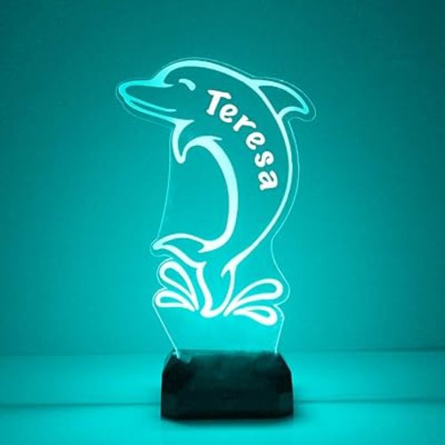 Personalized Dolphin LED Sign Night Light Lamp with Remote, Custom Text, Acrylic Display with 16 Colors & 4 Modes, Battery or USB Power, Made in The USA