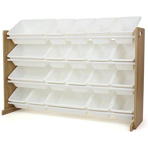Humble Crew Extra-Large Toy Organizer with 20 Plastic Bins – Natural/White Storage Rack with 4-Tier Shelves, Anti-Tip Safety, for Kids’ Rooms, Playrooms, Nurseries & Classrooms