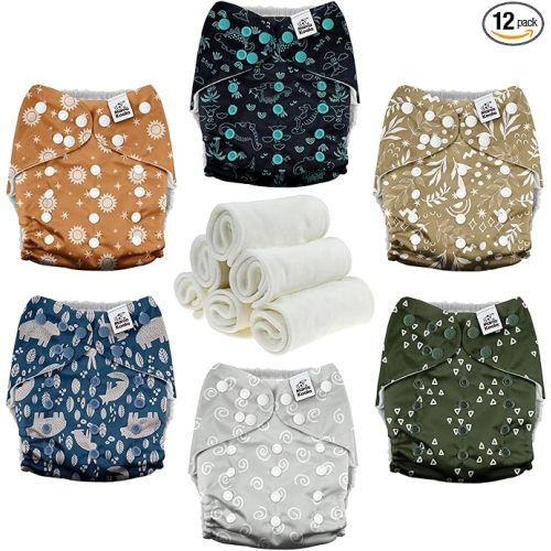 Mama Koala 3.0 Cloth Diapers for Babies with AWJ Lining, 6 Pack with 6 Natural Cloth Diaper Inserts - Reusable and Washable Pocket Diapers (Natural Elements)