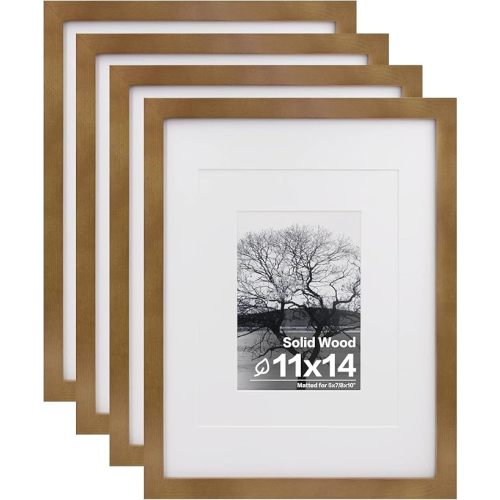 Egofine 11x14 Picture Frames 4 Pack Display Pictures 5x7/8x10 with Mat or 11x14 Without Mat Made of Solid Wood Covered by Plexiglass for Table Top Display and Wall Mounting Photo Frame, Light Brown