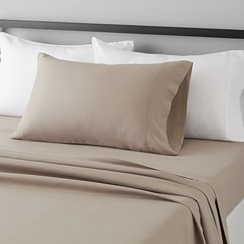 Amazon Basics Lightweight Super Soft Easy Care Wrinkle Free Microfiber 3 Piece Bed Sheet Set with 14-Inch Deep Pockets, Twin, Taupe, Solid, Kids, Men & Women Bedding