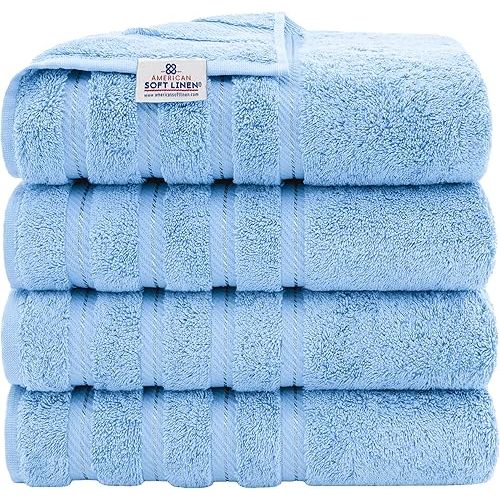 American Soft Linen Luxury 4 Piece Bath Towel Set, 600 GSM 100% Cotton Turkish Bath Towels for Bathroom, 27x54 in Large Bathroom Shower Towels, Sky Blue