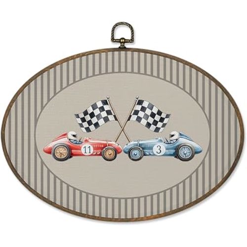 Sviojuce Vintage Race Car Boy Nursery Oval Wall Art Decor 8.6x11.4