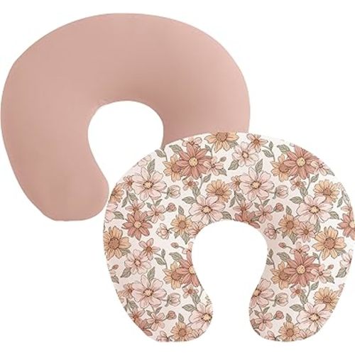 Konssy 2 Pack Nursing Pillow Covers, Stretchy and Soft Nursing Cover for Breastfeeding, Pillow Slipcover for Baby Girls Boys Newborn (Pink, Vintage Petals)