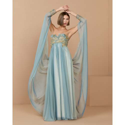 Blue Strapless Embellished Chiffon Cape Gown