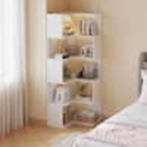 Karl home Book Shelf Storage Cabinet 65in.Tall White Particle Board 6 Tiers L-Shaped Bookcase with Display Industrial Bookshelves K1G52005259