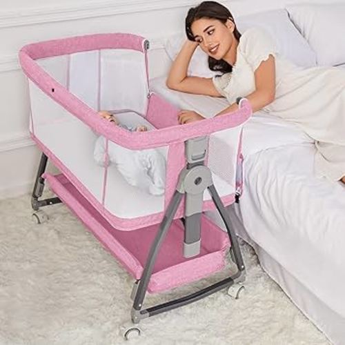 Pink Bassinet for Baby Girl, Baby Bassinets Bedside Sleeper with Mattress and Wheels for Newborn and Infant, Height Adjustable with Breathable Mesh and Mosquito Net