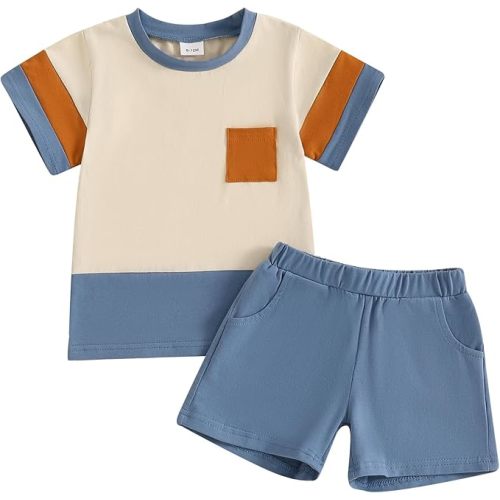 Infant Baby Boys Color Block Clothes Sets Outfits Short T Shirt Elastic Striped Shorts Set Toddler Clothes