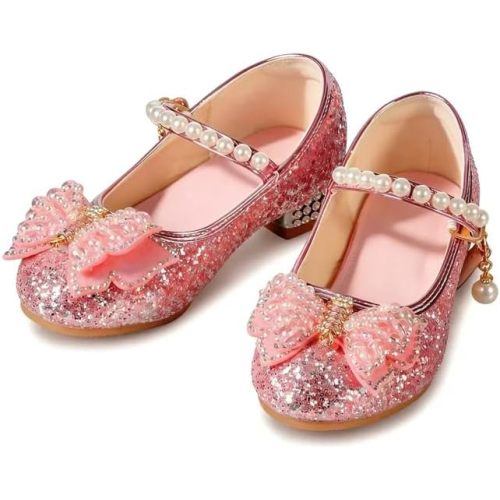 Girls Dress Shoes Mary Jane Low Heel Glitter Princess Flower Shoes for Wedding Birthday Party Toddler Little Kid Soft Comfortable Non-Slip (Pink)