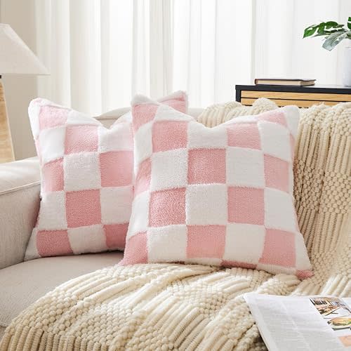 Ohocut Checkered Jacquard Shag Throw Pillow Covers, Pack of 2 Fluffy Pink Cute Decorative Girly Women Aesthetic Soft Checkered Throw Pillow Cases for Couch Sofa Bedroom,18x18 Inch