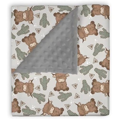 Mink Baby Boy Girl Blankets Boho Highland Cow Cactus, Gray Western Cowboy Soft Double Layer Dotted Backing Receiving Swaddle, Newborn Infant Toddler Nursery Crib Bedding Shower Gift 30" x 40"