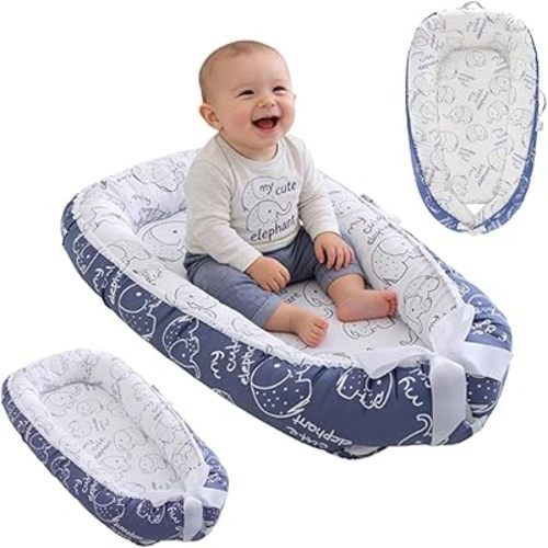 Baby Lounger for Newborn (0-24 Months) - 100% Cotton Baby Nest with Handles, 2-in-1 Play Mat & Diaper Changing Pad, Portable for Home & Travel, Infant Essentials Gifts (Elephant Blue)