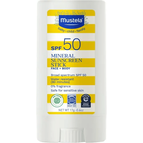 Mustela Baby Mineral Sunscreen Stick SPF 50 Broad Spectrum - Face & Body Sun Stick with 70% Organic Ingredients - Ultra Sheer, Water Resistant & Fragrance-Free - 0.6 oz.