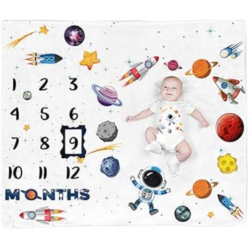Space Baby Stuff, Rocket Baby Month Blanket for Newborn Photo Taken - Baby Age Blanket with 2 Frame B35-1