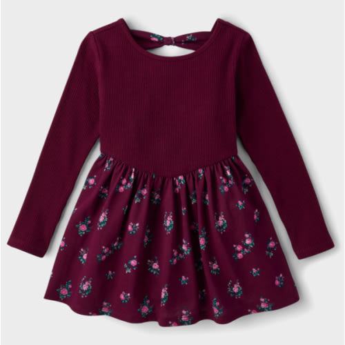 Baby And Toddler Girls Long Sleeve Floral Bow Back Dress - BURGUNDY | The Children's Place