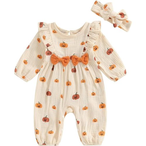 Newborn Baby Girl Halloween Outfit Cotton Linen Pumpkin Jumpsuit Romper Ruffle Sleeve Bodysuit Long Overalls with Bow