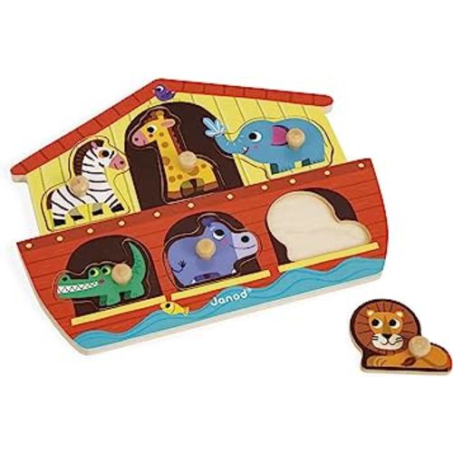 Janod 6 Piece Noah’s Ark Puzzle Themed Wooden Peg Colorful Jigsaw Puzzle - Encourages Shape Recognition, Dexterity, and Language Development - Preschool Kids and Toddlers 18 Months+