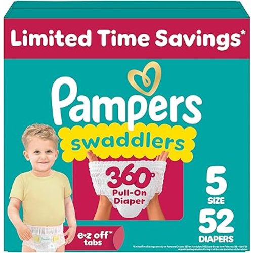 Pampers Diapers - Swaddlers 360° - Size 5, 52 Count, up to 100% Leakproof Comfy Dry Fit, Designed for Easy Changes, Pull On Baby Diaper (Packaging May Vary)