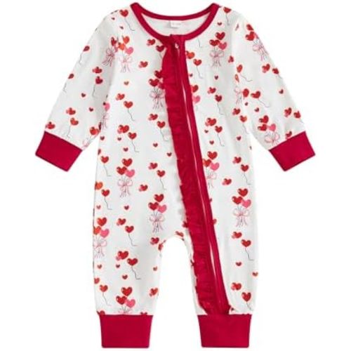 Suolongsama Newborn Baby Girl Fall Clothes Zipper Jumpsuit Long Sleeve Heart Print Romper One Piece Valentines Day Outfit