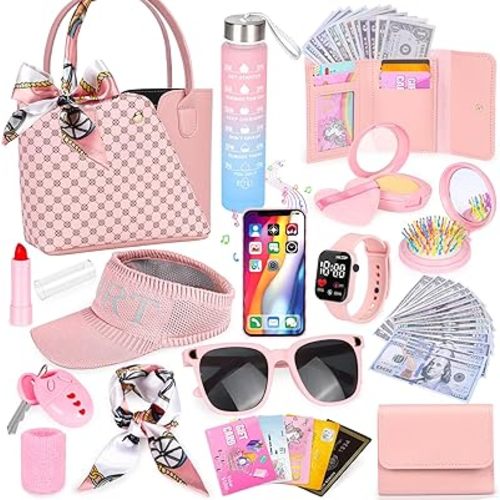 Play Purse for Little Girls, 34PCS Toddler Sports Purse with Sun Hat, Wristbands, Water Bottle, Princess Toys Includes Handbag, Wallet, Pretend Makeup for Kids Purse Birthday Gift for Girls 3 4 5 6 +