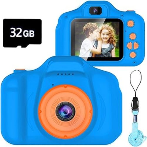 Upgrade Kids Selfie Camera, Christmas Birthday Gifts for Boys Age 3-9, HD Digital Video Cameras for Toddler, Portable Toy for 3 4 5 6 7 8 Year Old Boy with 32GB SD Card-Navy Blue