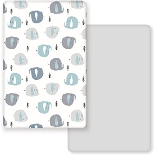 GRSSDER Stretchy Ultra Soft Jersey Knit Fitted Pack n Play Sheets Set 2 Pack, Portable/Mini Cribs Playards Sheets with Deep Pocket, Cute Elephant for Girls and Boys