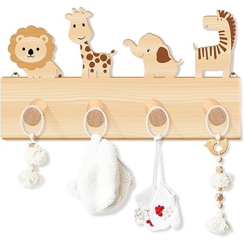 Safari Animal Decorative Wall Hook for Kids Jungle Forest Animals Wooden Coat Hook Hanger for Baby Nursery Playroom Bedroom Home Decor with Lion Elephant Zebra Giraffe(Safari Animal)